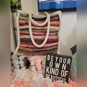 XL Colorful Patchwork Woven Tote Bag Made From Recycled Materials